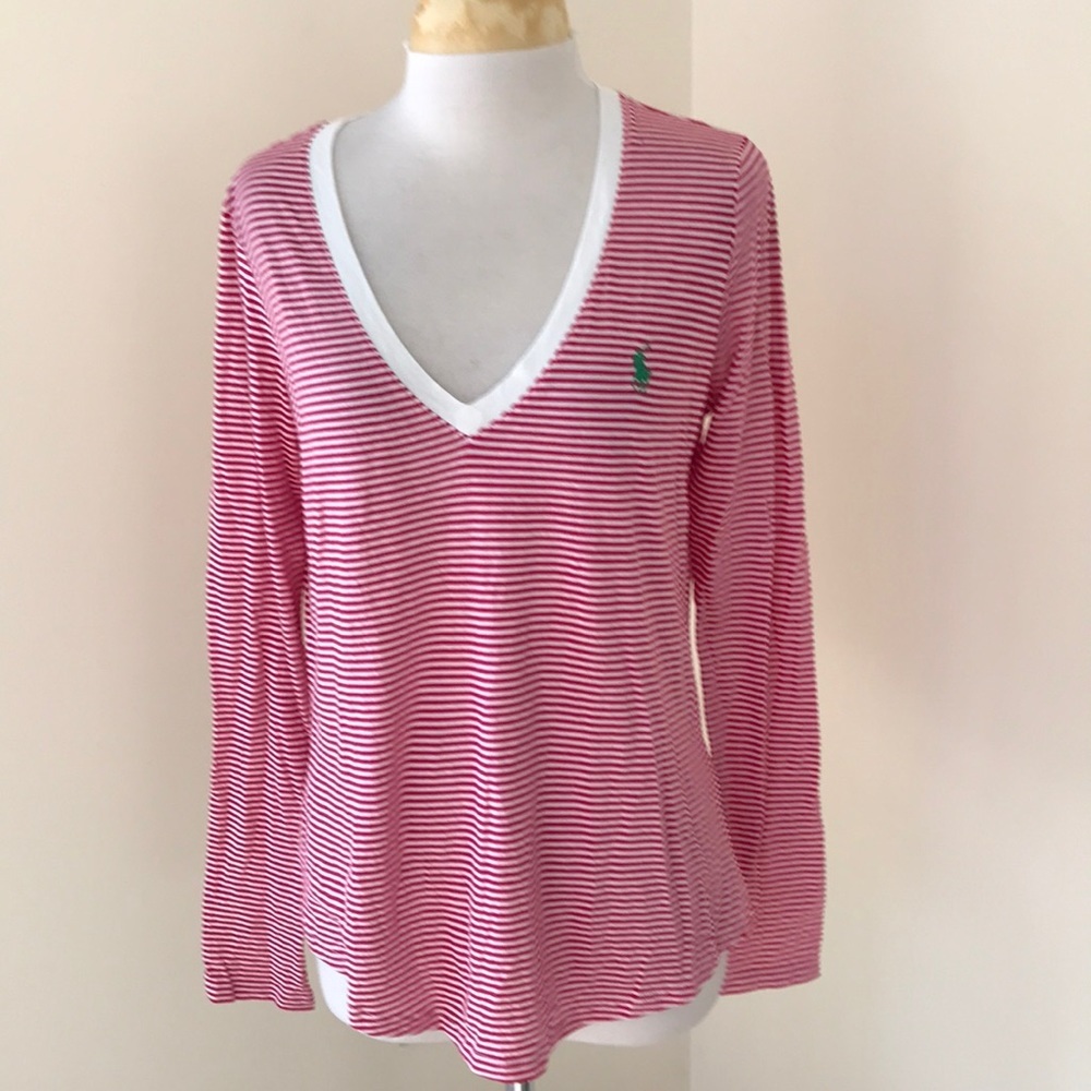 New! Ralph Lauren large rose white striped long sleeve tee.